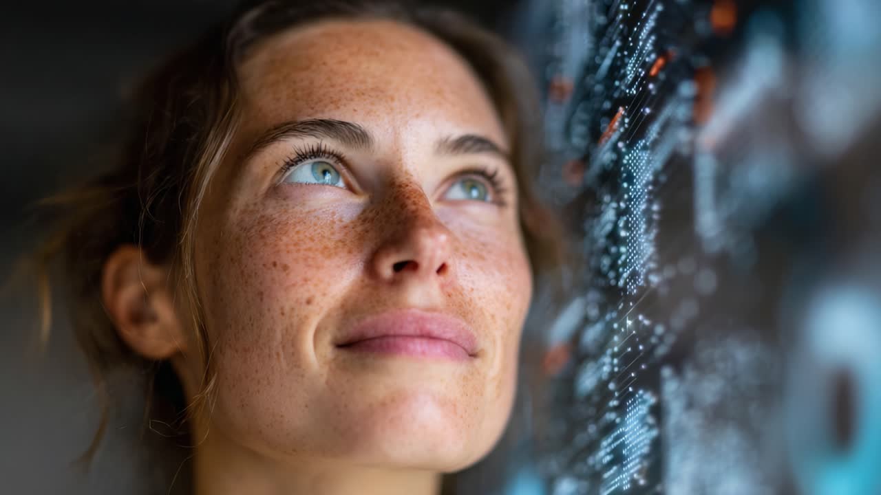 A Close-Up Portrait of a Thoughtful Woman Gazing at a Futuristic Digital Display, Capturing Emotion and Inspiration as She Envisions the Future