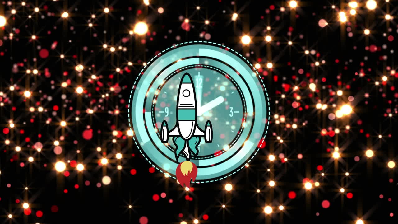 Animation of light spots and rocket over clock