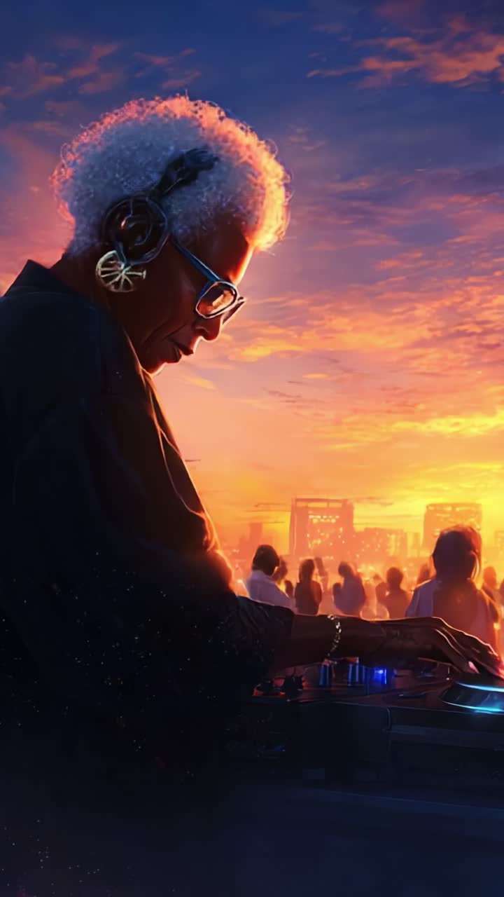 Un DJ di talento mixa sapientemente i ritmi al tramonto, catturando il pubblico con energia e passione durante un festival musicale all'aperto ricco di suoni vibranti