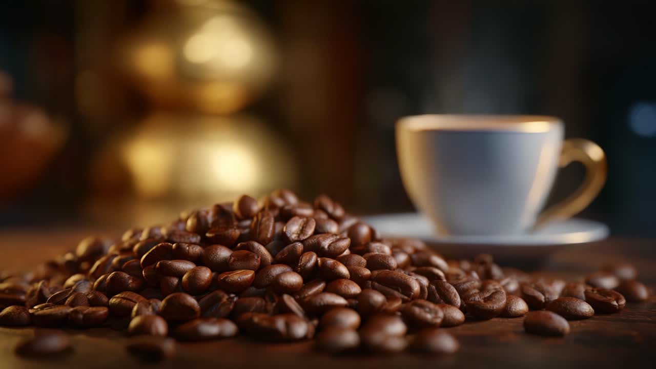 Nærbillede af friskristede kaffebønner, der flyder ud over en træoverflade ved siden af en luksuriøs kaffekop, der viser varme og rige teksturer i stemningen