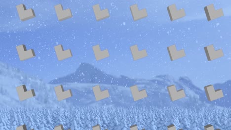 la animación muestra árboles de abeto, montañas y nieve cayendo en un entorno rural