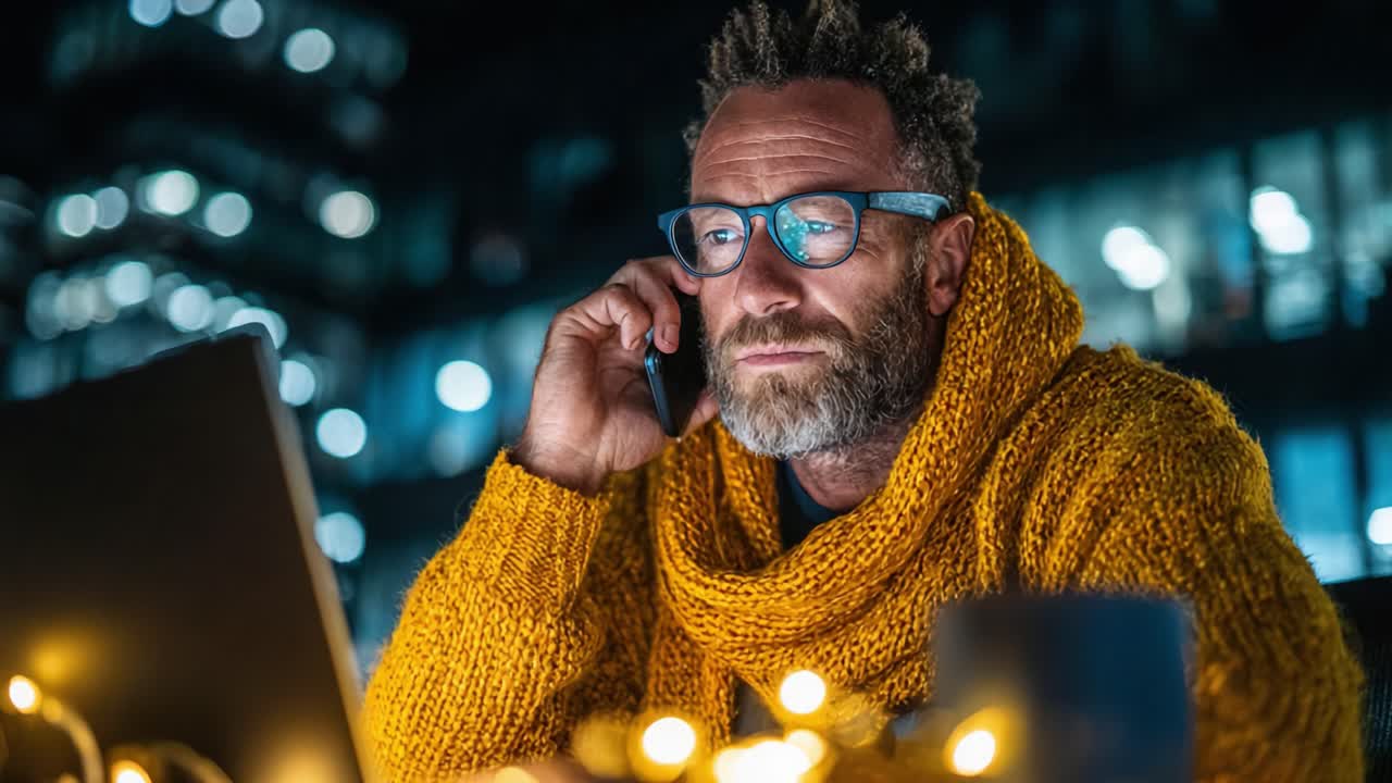 A contemplative man engaged in a late-night phone call, wearing a cozy orange sweater, illuminated by soft lights and the glow of a laptop screen in an urban setting