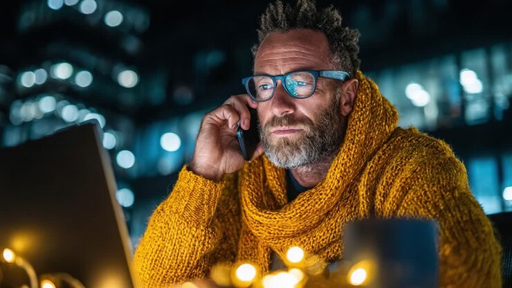 A contemplative man engaged in a late-night phone call, wearing a cozy orange sweater, illuminated by soft lights and the glow of a laptop screen in an urban setting