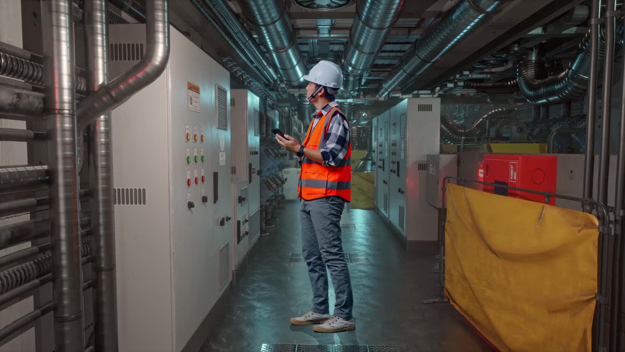 Full Body Side View Of Asian Male Engineer With Safety Helmet Using Smartphone And Looking Around While Standing In Engine Control Room, Work Of Electrical Generators