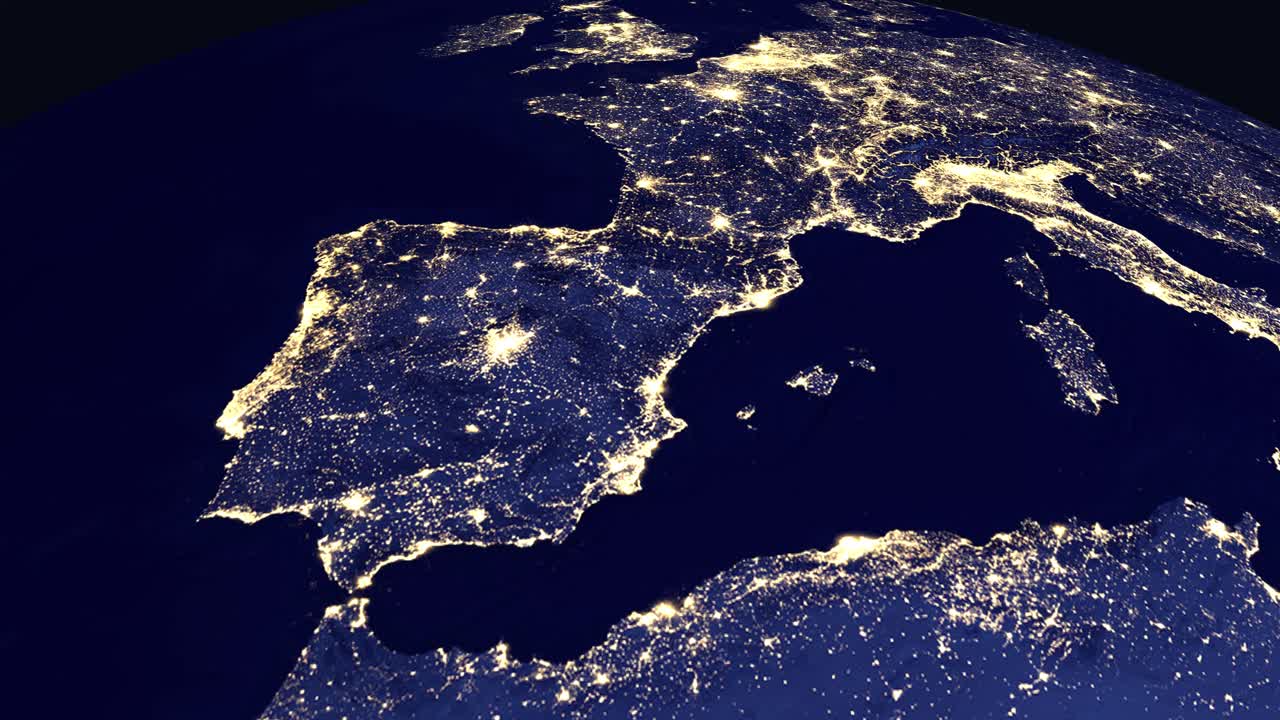 Animazione digitale che si ingrandisce da una vista globale della Terra alle luci illuminate della città di Madrid, Spagna.