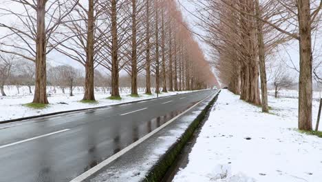 car drives down wintry road in shiga, japan