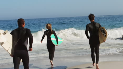 friends in wet suits running into water