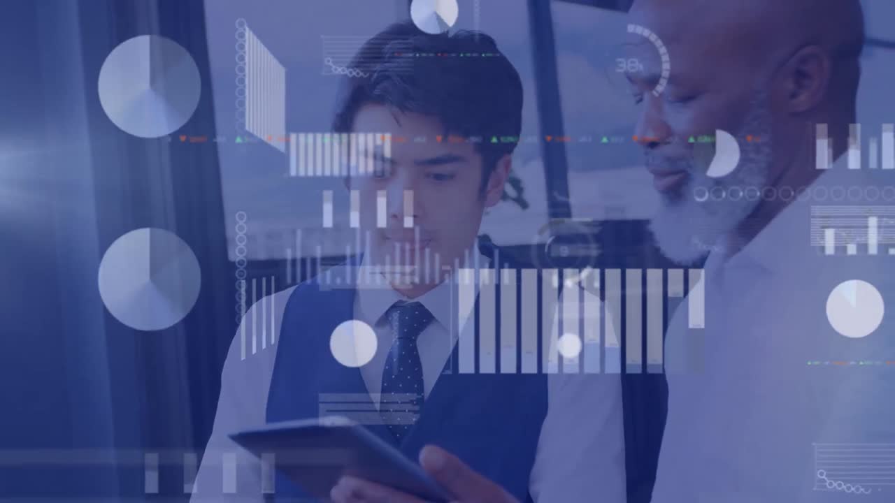 Animation of financial data and graphs over diverse male lcoworkers in office