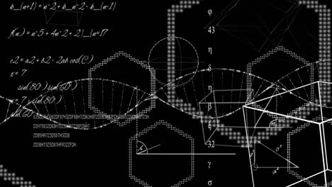 Animación-De-La-Cadena-De-Adn-Girando-Con-Cálculos-Sobre-Fondo-Negro.-Ciencia-De-La-Investigación-De-La-Medicina-Global