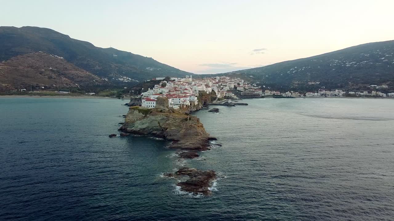 Aerial Panoramic View of Chora of Andros Town Peninsula, Greece