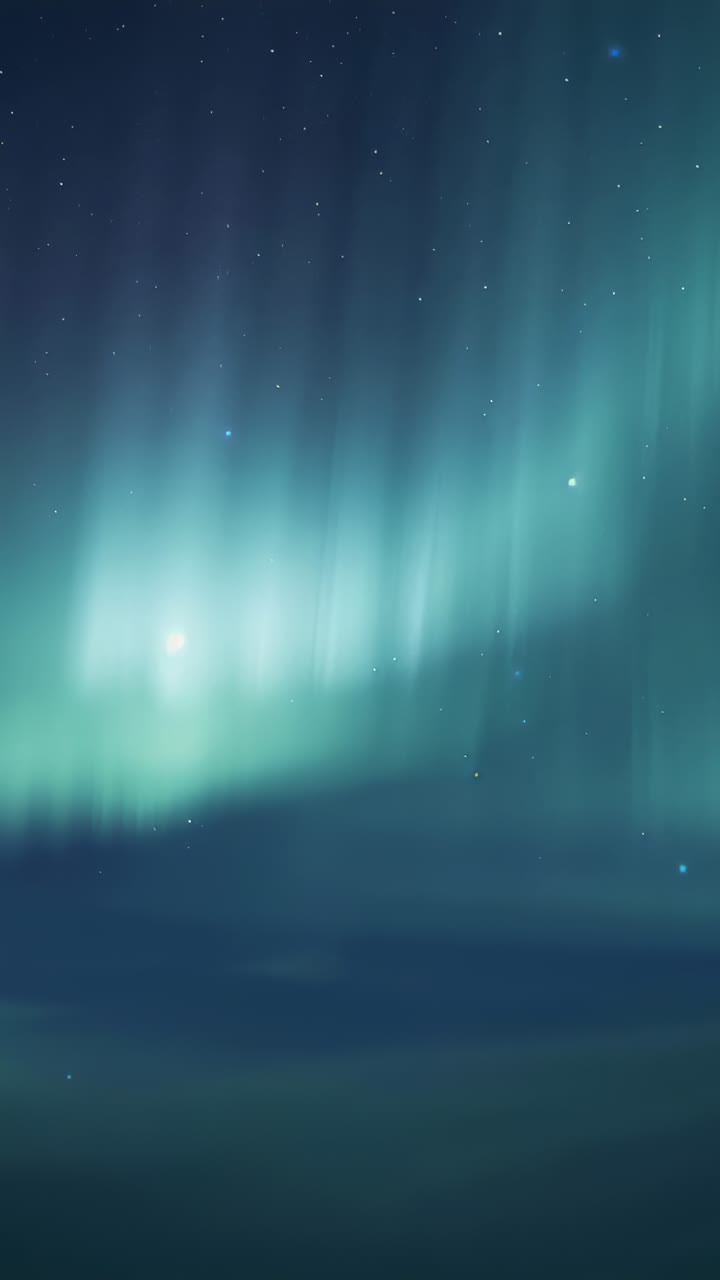 Vertical video: Shimmering auroral curtains responding to solar wind over dark horizon, star field