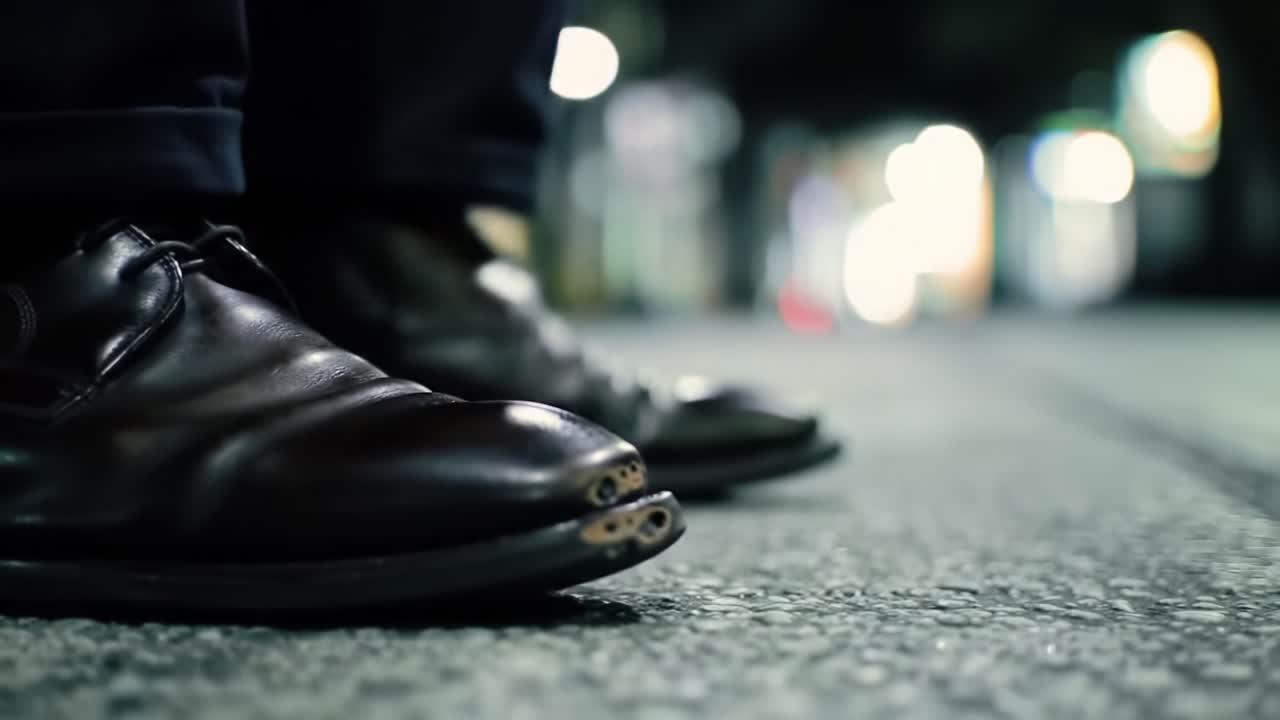 A Close-Up View of Elegant Dark Shoes on the Urban Street, Capturing the Subtle Details of Style Against a Blurred City Background at Night