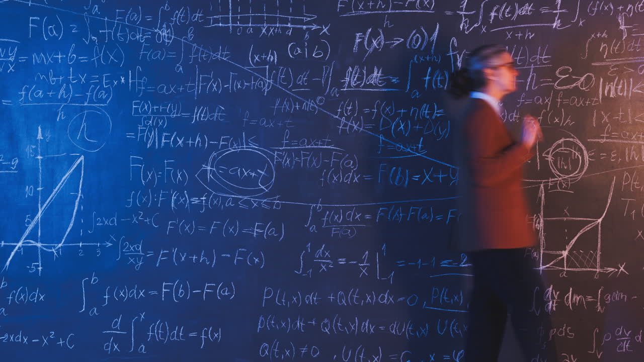Mathematical Equations on a Chalkboard with a Person