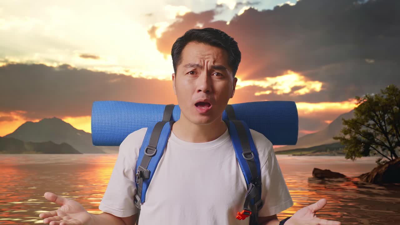 Close Up Of Puzzled Asian Male Hiker With Mountaineering Backpack Making Gestures Doubtfully And Saying Why At A Lake