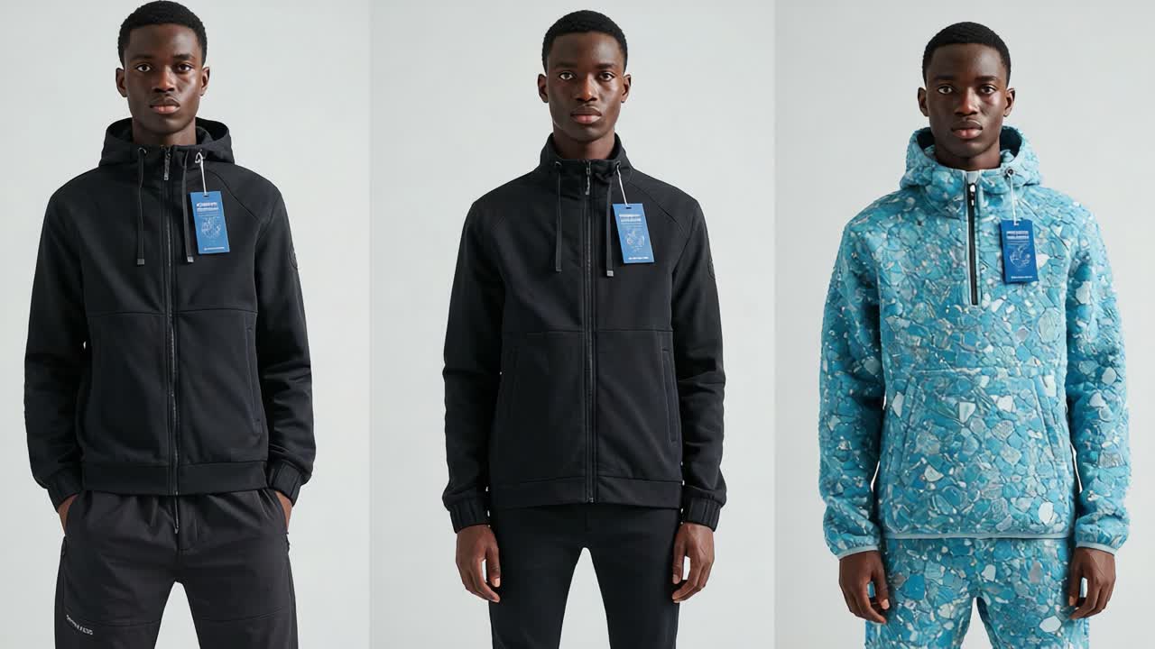 Transformative Fashion Journey: A Young Model Showcases Diverse Hooded Apparel in a Stylish Collection Emphasizing Comfort, Versatility, and Unique Patterns Across Three Distinct Looks