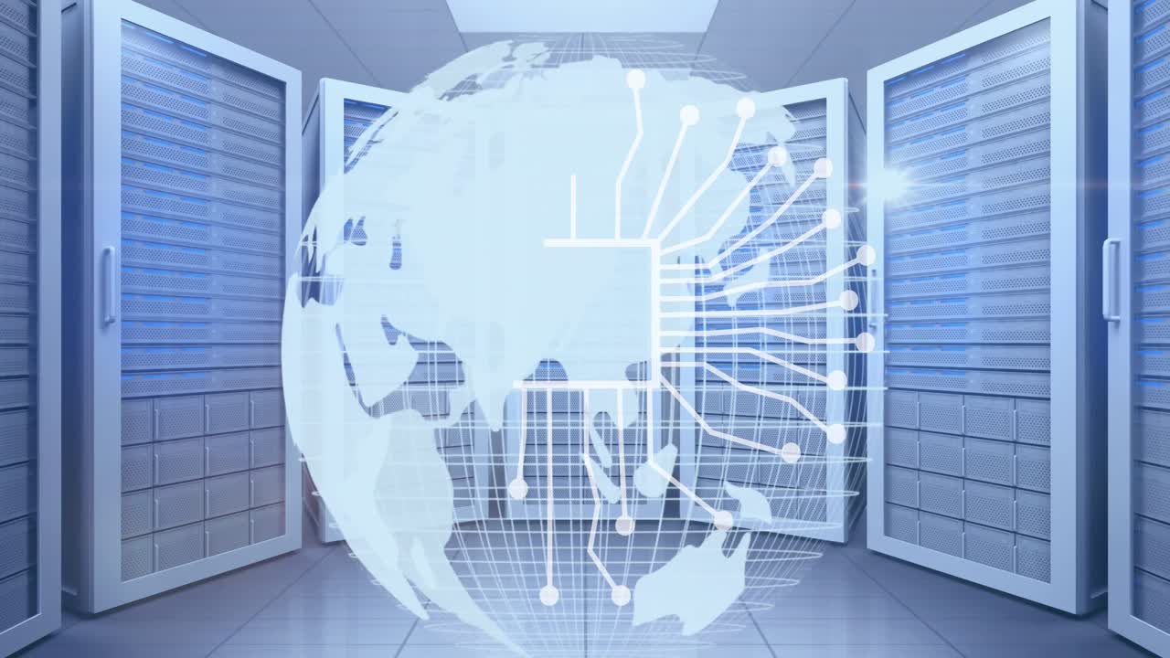 Animation of ai data processing over globe connections with ai icons and servers