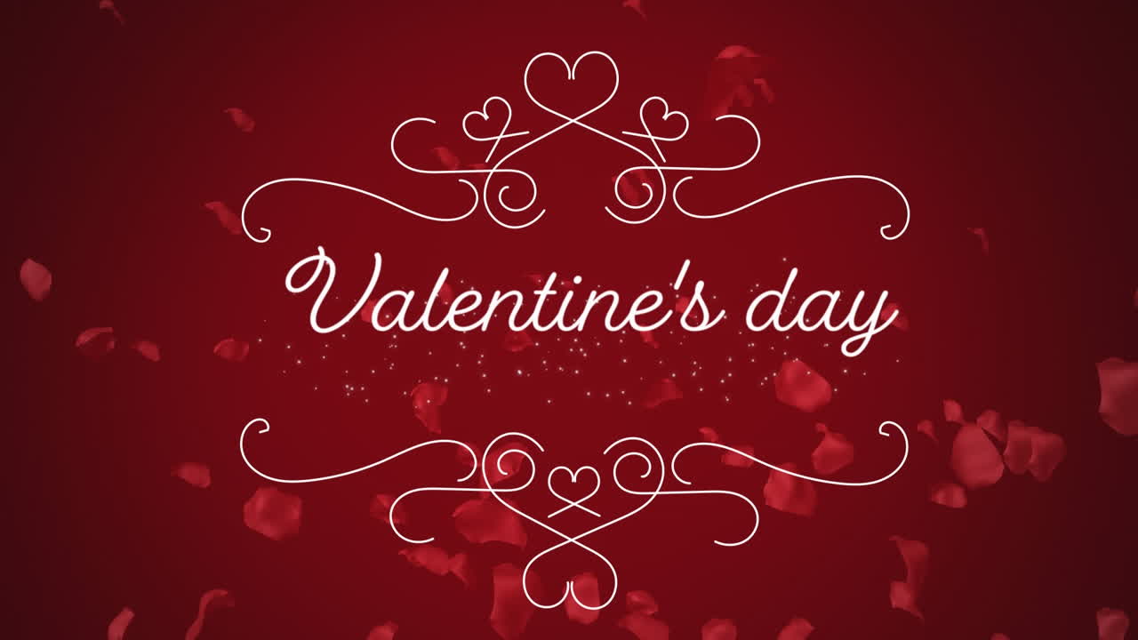 Animation of Valentines Day written in white letters on red background with rose petals