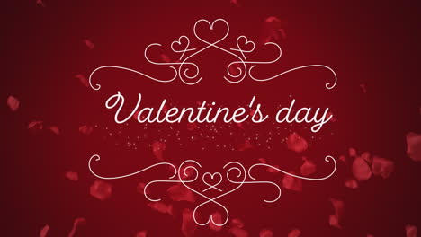 animation of valentines day written in white letters on red background with rose petals