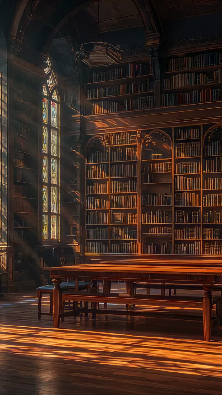 Vertical video: Shifting sunlight through library window across shelves and table showing dust