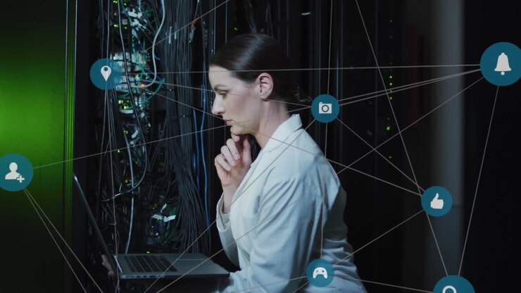 Animation of network of social media icons over caucasian female it engineer by computer server