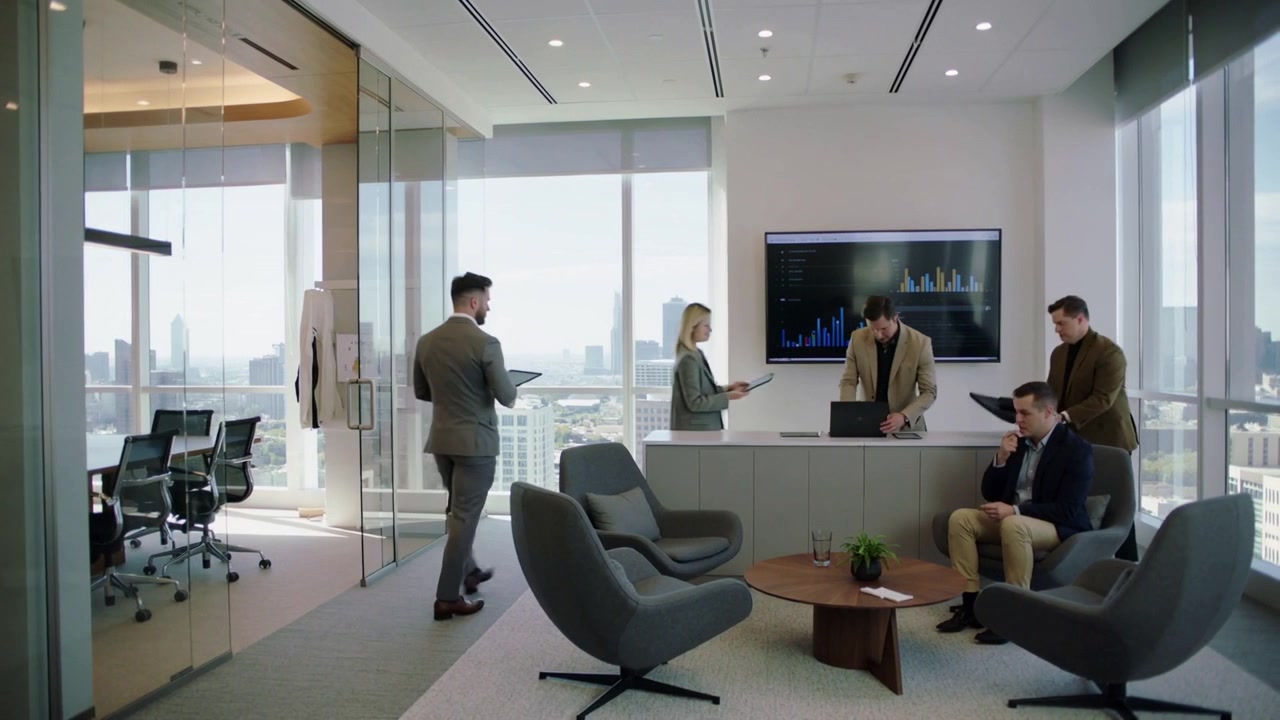 Moving five colleagues in suits entering lounge via glass corridor, preparing meeting with tablets