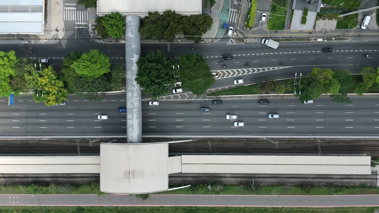 Top View Of Traffic On Marginal Pinheiros Highway In São Paulo, Brazil. Aerial Shot