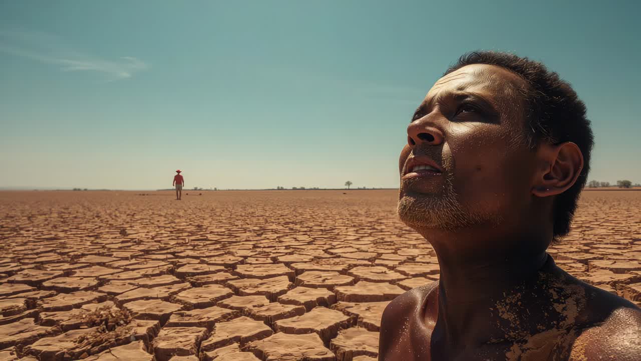 Noting red-shirt walker with wide-brim hat on horizon, shirtless man watching dry earth, copy space