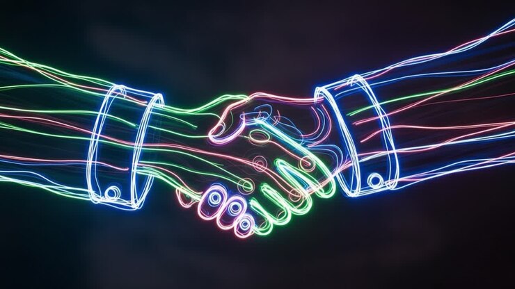 Una rappresentazione visiva di collaborazione e accordo: mani animate in colori neon che si stringono in una stretta di mano, a simboleggiare unità e partnership