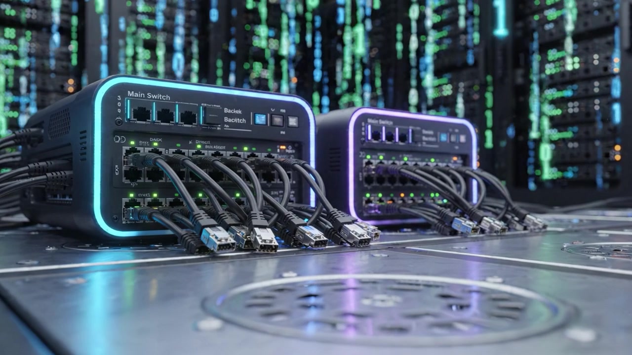 High-Tech Network Equipment and Switches in a Modern Data Center with Colorful Cables and Circuitry, Showcasing Advanced Connectivity Solutions for Data Management