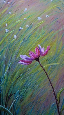 close-up video style of a pink flower in a vibrant, impressionistic field, angled from below