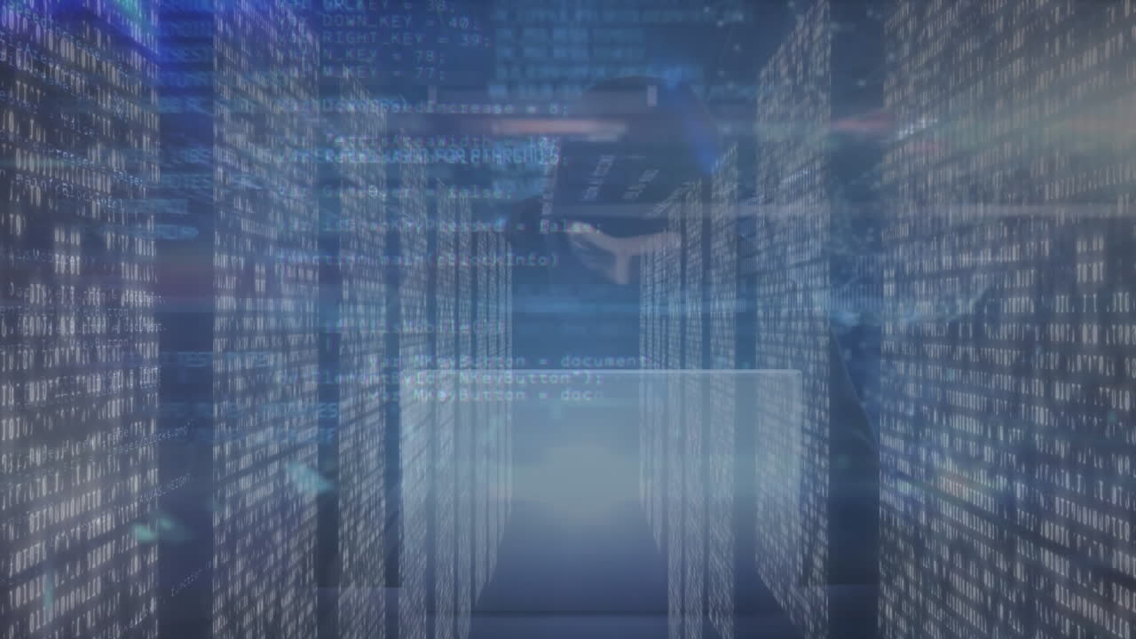 Animation of light trails over screens with mosaic squares against male hacker using a laptop