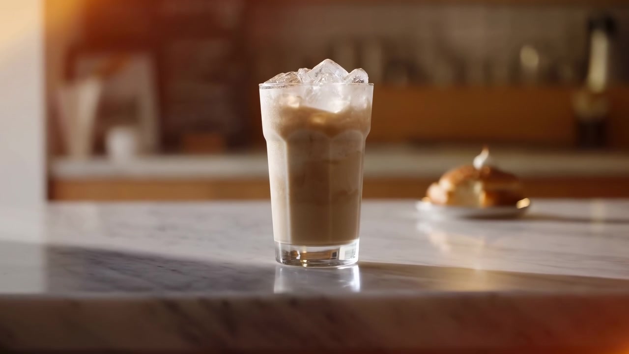 Una presentazione stabile di una bevanda al caffè freddo su un bancone da bar con scaffali sullo sfondo, che mostra un'atmosfera neutra con colori marroni e bianchi. La scena presenta scaffali in legno, vetro, ghiaccio