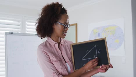 Mixed-race-female-teacher-standing-at-a-whiteboard-giving-an-online-lesson-to-camera