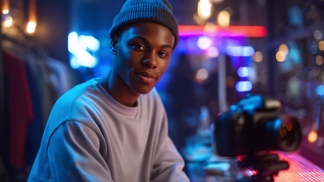 A young individual captures a moment of creativity and expression, showcasing their passion for photography while engaging with their camera in a vibrant, illuminated environment filled with warm lights