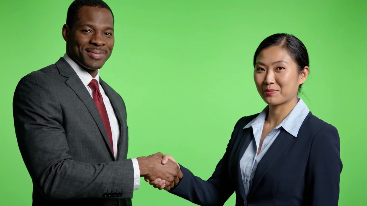 Professional Interaction: A Confident Handshake Between Two Business Individuals Against a Bright Green Background, Symbolizing Collaboration and Success