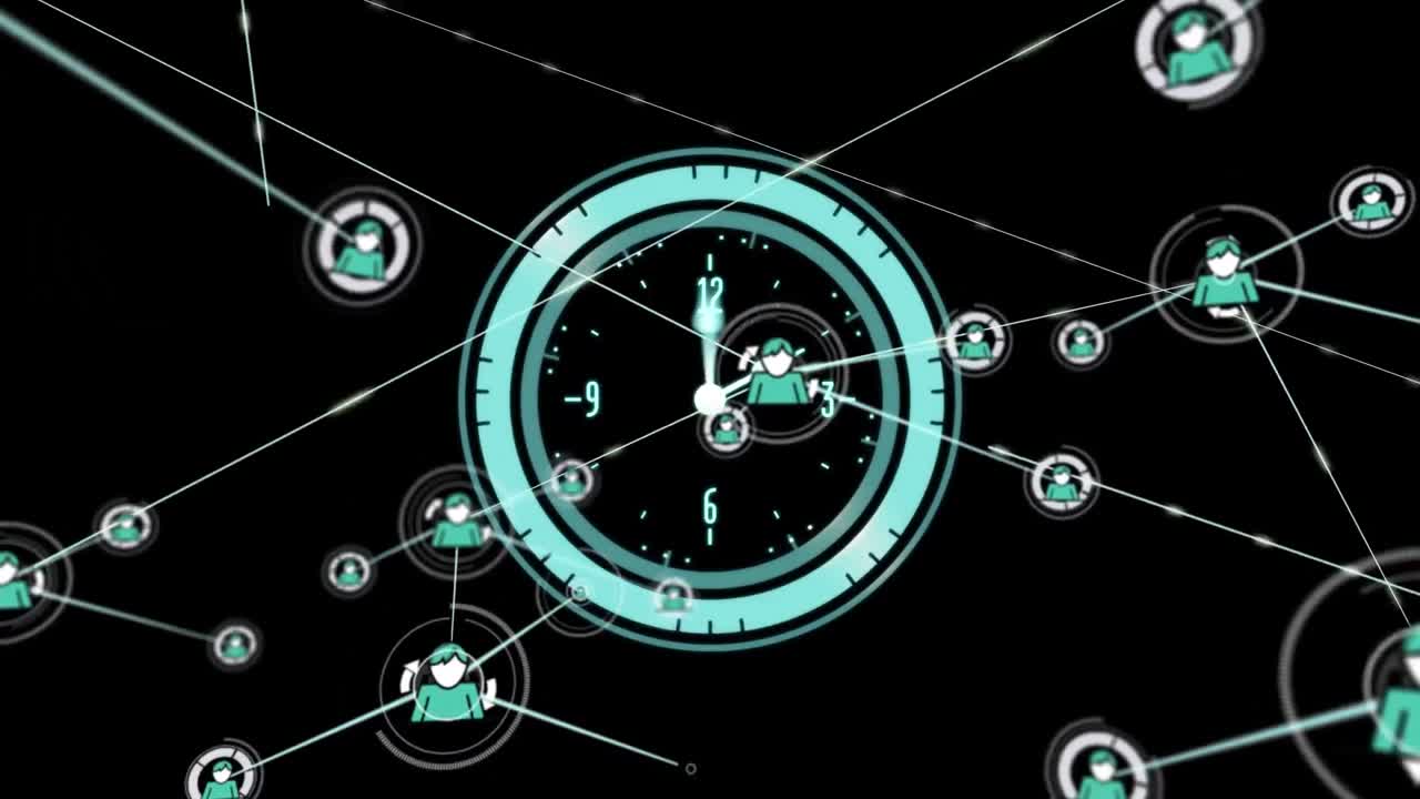 animación de la red de conexiones con iconos sobre un reloj en movimiento sobre fondo negro