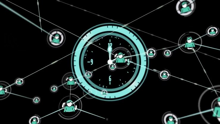 Animation of network of connections with icons over moving clock on black background