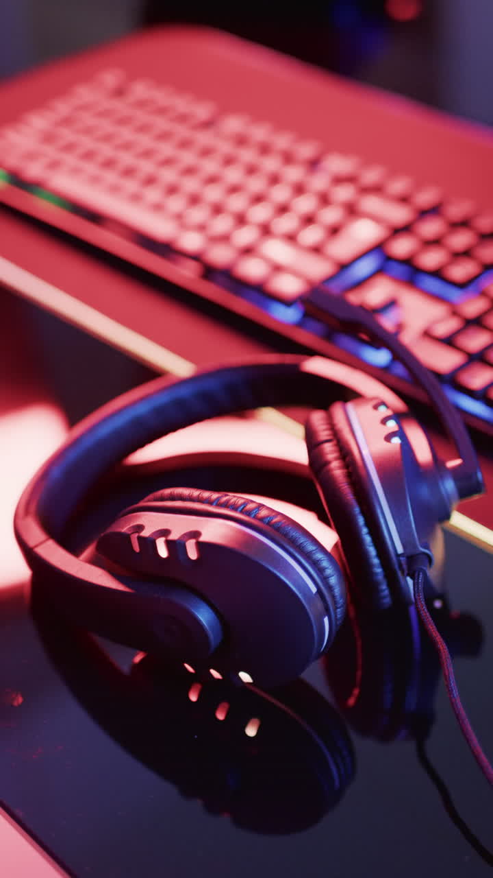Vertical video of video game computer equipment with headphones on purple neon background