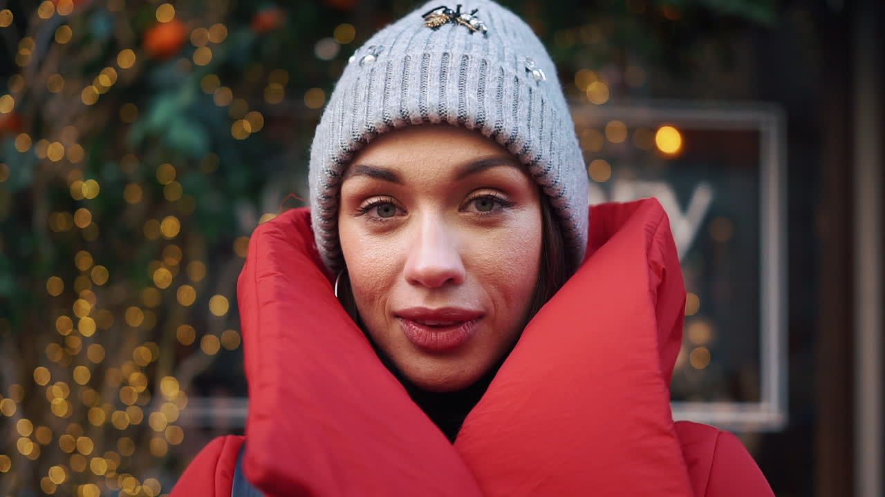 Woman in winter fashion with bokeh lights