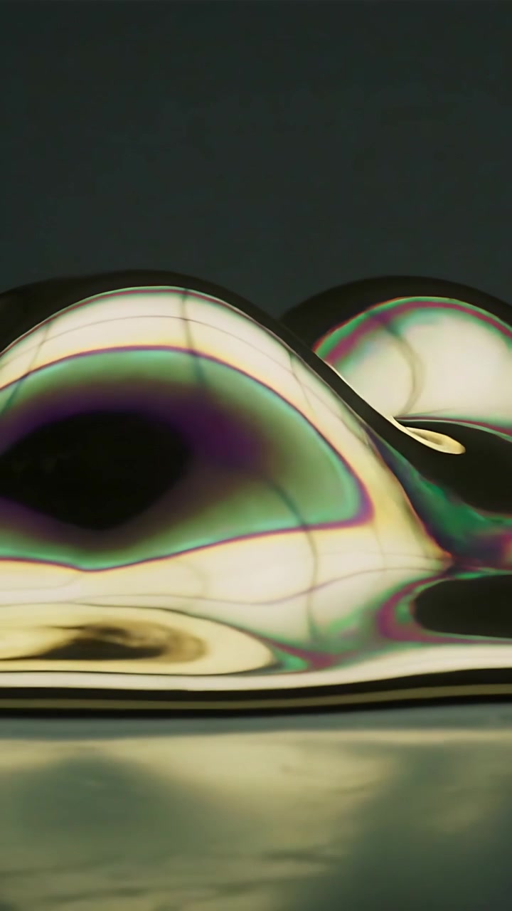 Vertical video: Growing bulge driving iridescent film into domes and waves in studio, color fringes