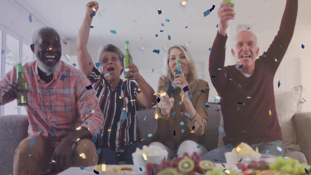 animazione di confetti su un gruppo diversificato di anziani che guardano la tv