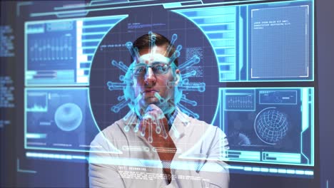 Animation-of-male-scientist-behind-digital-screen-with-covid-19-cell-and-medical-data