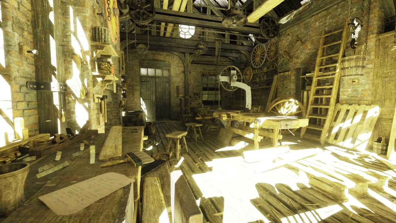 Panoramica di una scena di restauro: officina rustica con atmosfera di ristrutturazione.