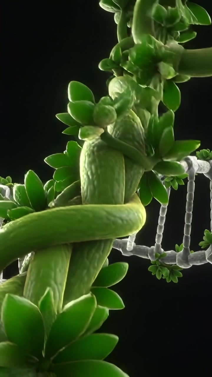 Vertical video: Morphing double helix as glowing auras forming buds and vines wrapping in dark void