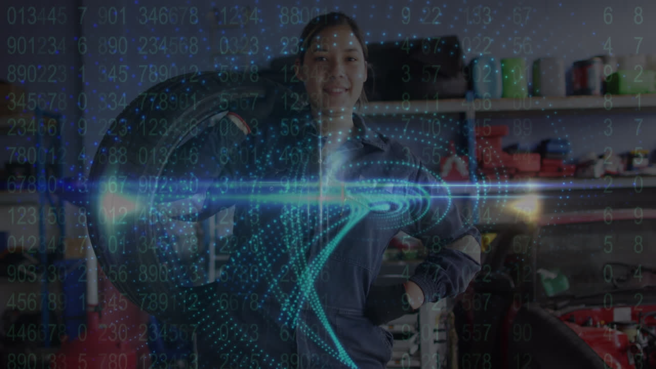 animación de patrón con datos sobre caucásica mujer mecánica de automóviles sosteniendo neumático en el taller de reparación