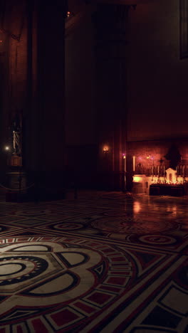 a dark and mysterious church interior with candles on an altar