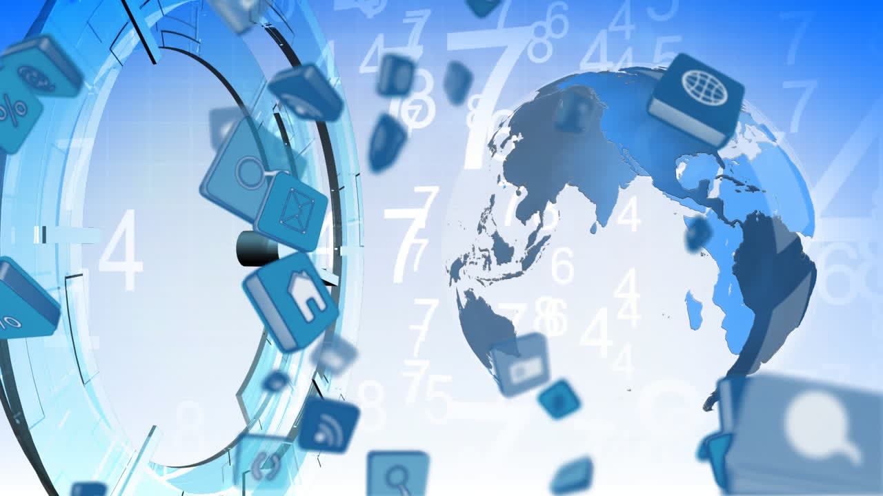 시계가 빠르게 움직이고 디지털 아이콘이 파란색 배경에 회전하는 지구 위에 떨어지는 애니메이션