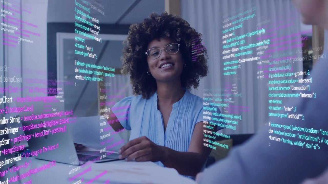 Seated woman reading docs and starting review, flipping while code circling subjects and laptop