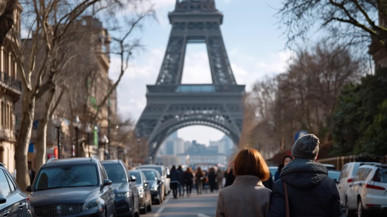 La Torre Eiffel si erge imponente dietro la scena stradale. Le persone si allontanano, a testa bassa, concentrate sul percorso davanti a sé. Auto fiancheggiano entrambi i lati della strada, silenziose, ordinate. La luce del sole filtra attraverso i rami spogli degli alberi.