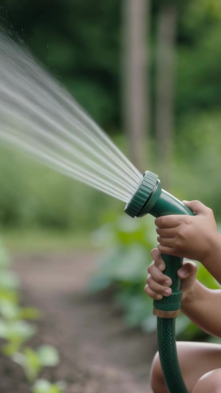 Video verticale: Ruotando l'ugello, un adulto con polsini bianchi guida un bambino mentre spruzza le piantine in giardino.